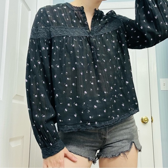Saylor Blouse Long Sleeve Boho Cottage Black Floral Dainty Peasant Cotton Small - Picture 1 of 7